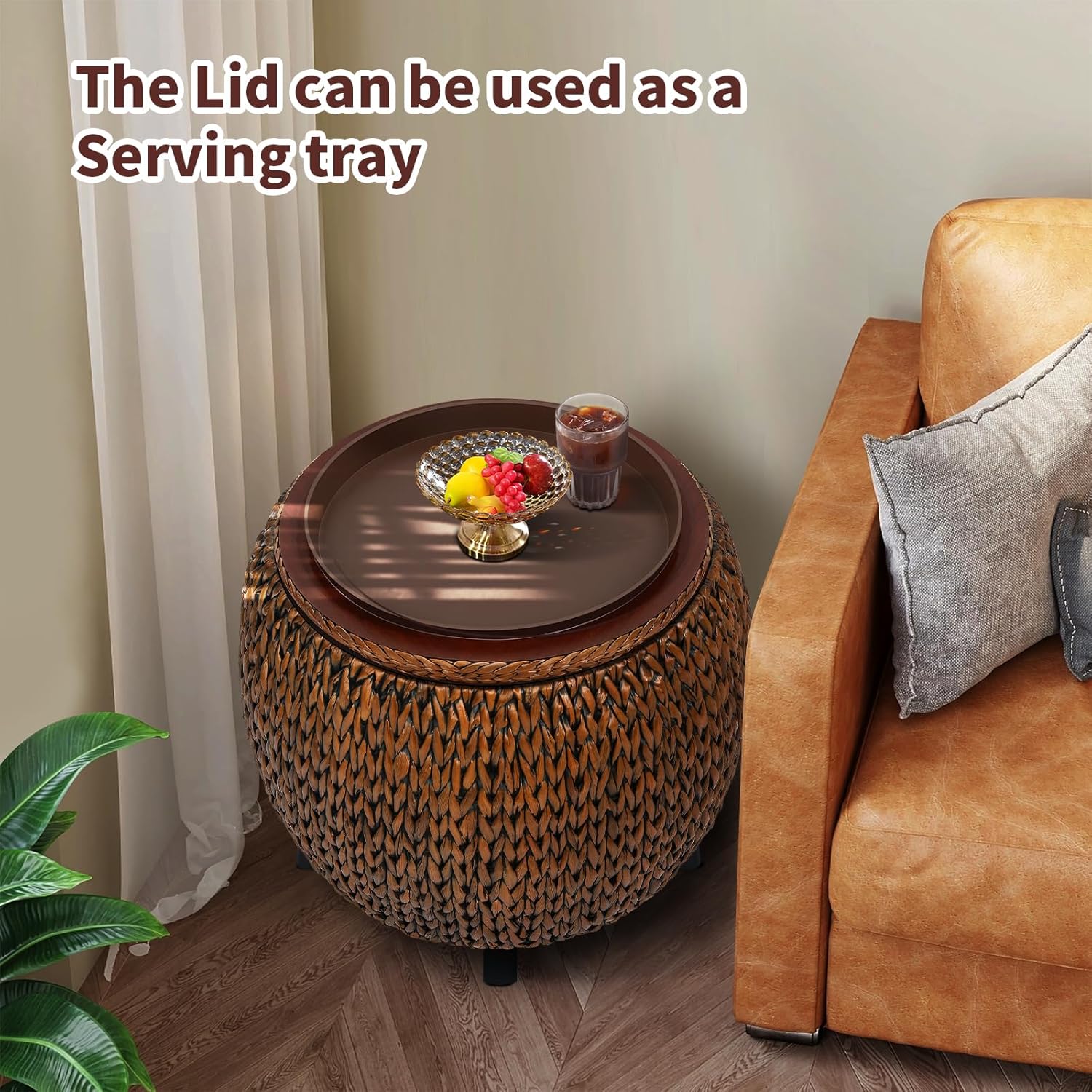 Round Sides Storage Ottoman Coffee Table,Ratten Swiveling Ottoman Bench, Bed Storage Trunk, Storage Basket,Side Table with Banana Leaf for Living Room,Hand Woven,Golden