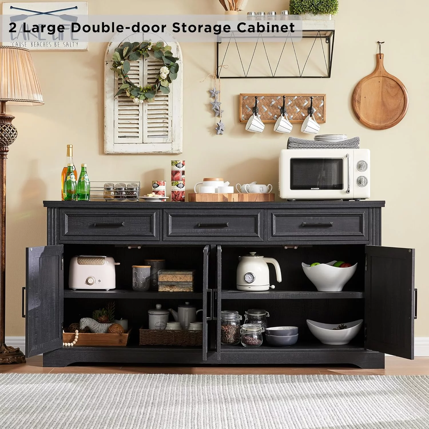 T4TREAM Farmhouse Sideboard Storage Cabinet with 3 Drawers & 4 Doors, 66'' Wide Buffet Cabinet for Dining Room, Black