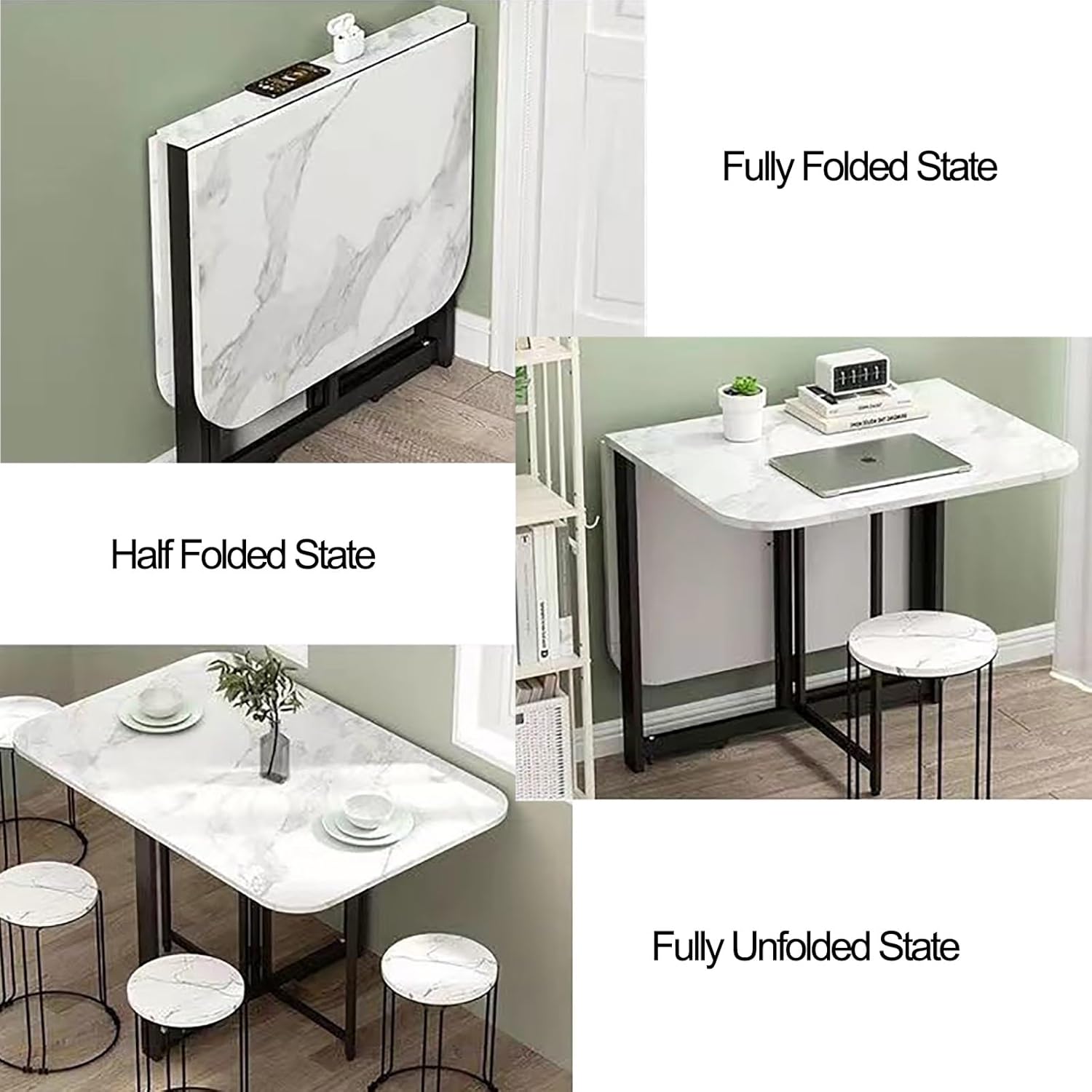 Drop Leaf Dining Table, Folding Dining Table, Wooden Foldable Kitchen Table, Multifunction Expandable Table, Foldable Extendable Space Saving Furniture, Foldable in 3 Forms, f