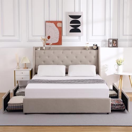 Full Size Bed Frame with Charging Station,Upholstered Platform Bed with Button Tufted Storage Headboard Wingback and 4 Storage Drawers,No Need for a Box Spring, Wood Slat Support, Easy to Assemble