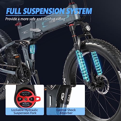 PEXMOR Electric Bike for Adults, 750W(Peak 1000W) 30MPH | Full Suspension Mountain Ebike, 60+ Miles 48V 12AH Removable Battery, 26 Fat Tire Foldable Commuter Electric Bicycle 21 Speed, UL2849