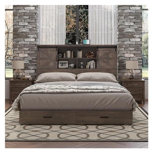 King Size Wood Platform Bed Frame with 51.2"" Bookcase Headboard, Storage Bed with Sliding Barn Door Charging Station 2 Drawers,Modern Style, xx-921