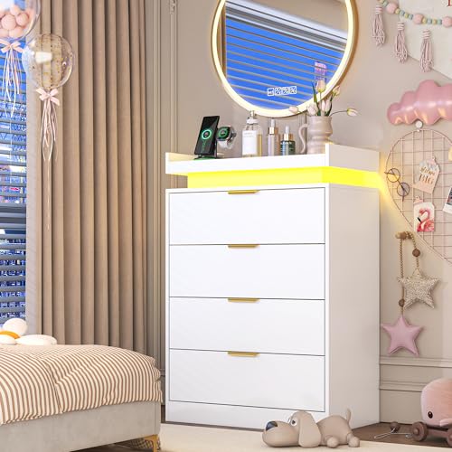 White Dresser with LED Lights, Wooden LED Dresser, 4 Drawer Chest with Charging Station, Tall Chest of Drawer Closet Organizer for Bedroom, Living Room, Entryway, Hallway