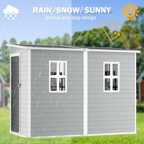 CDCASA 8x6 FT Resin Storage Shed, Waterproof Large Outdoor Sheds with Floor & Lockable Door & 2 Windows, Plastic Tool Shed for Outside, Backyard, Patio, Poolside, Bike, Dove Grey