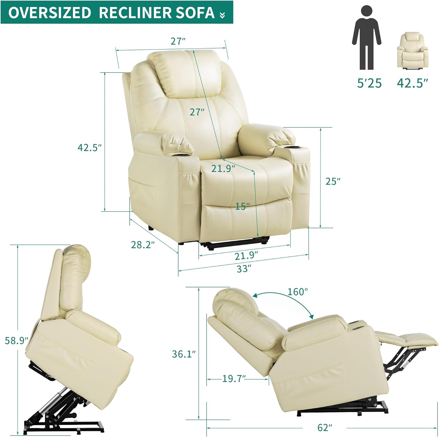 YITAHOME PU Power Lift Recliner Chair with Massgae and Heat for Elderly, Lift Chair with Remote Control for Living Room, with 2 Cup Holders Side Pockets, Off White3