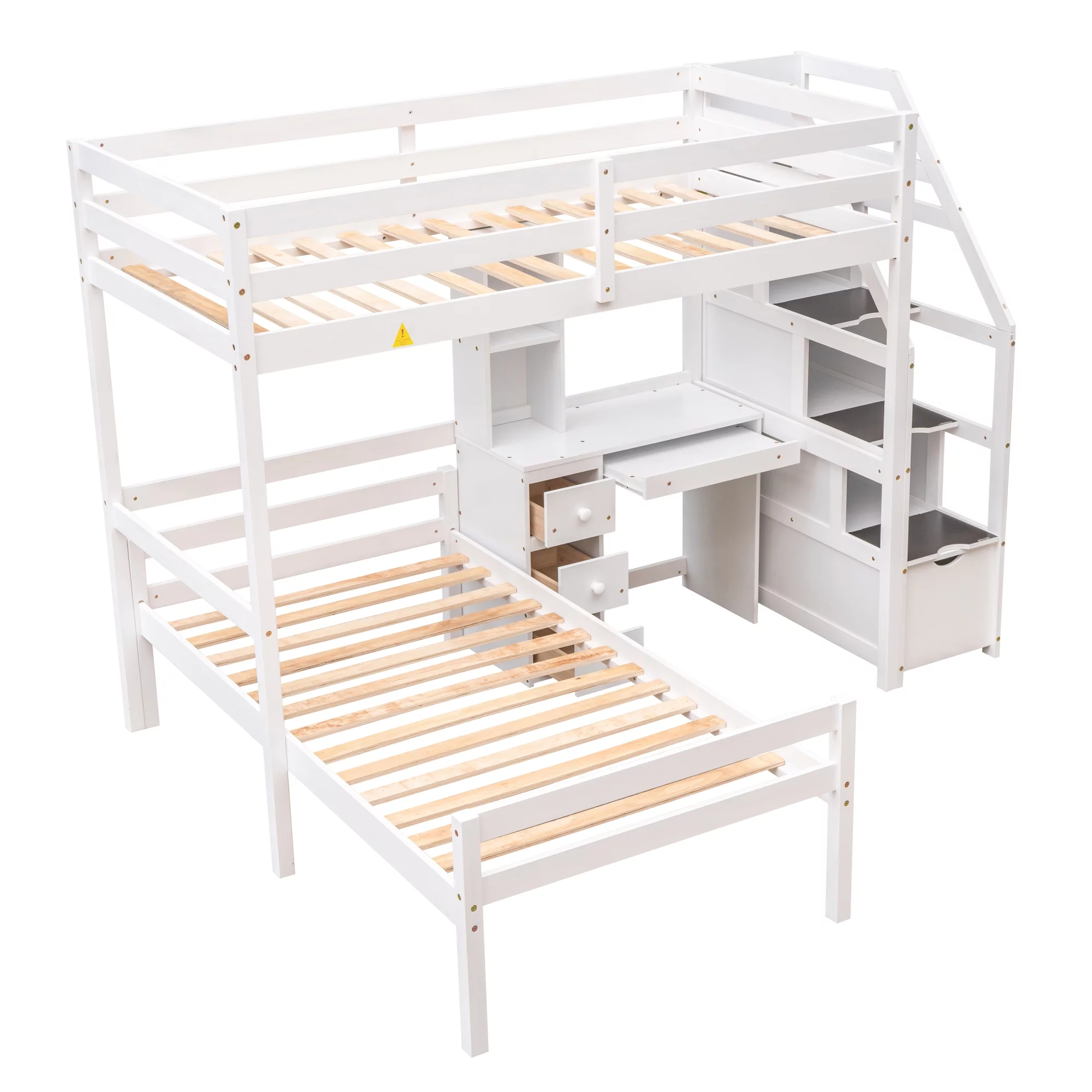 Euroco Wood Twin Bunk Loft Bed with Desk, Drawers and Shelf for Kids, White