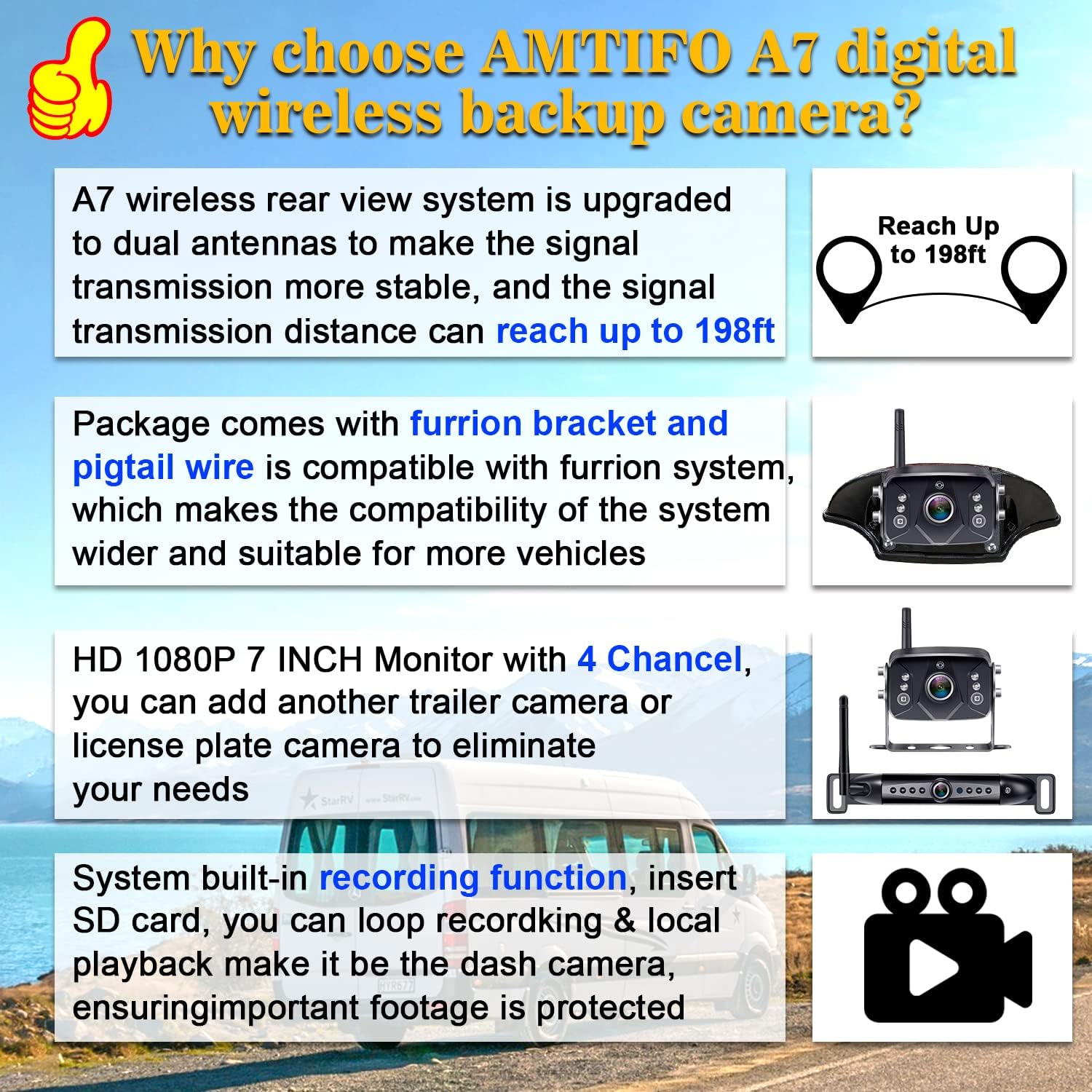 AMTIFO A7 HD 1080P Digital Wireless Backup Camera with 7 Inch DVR Monitor Newest Version High-Speed Rear View Observation System Stable Signals for RVs,Trucks,Trailers,5th Wheels IR Night Vision