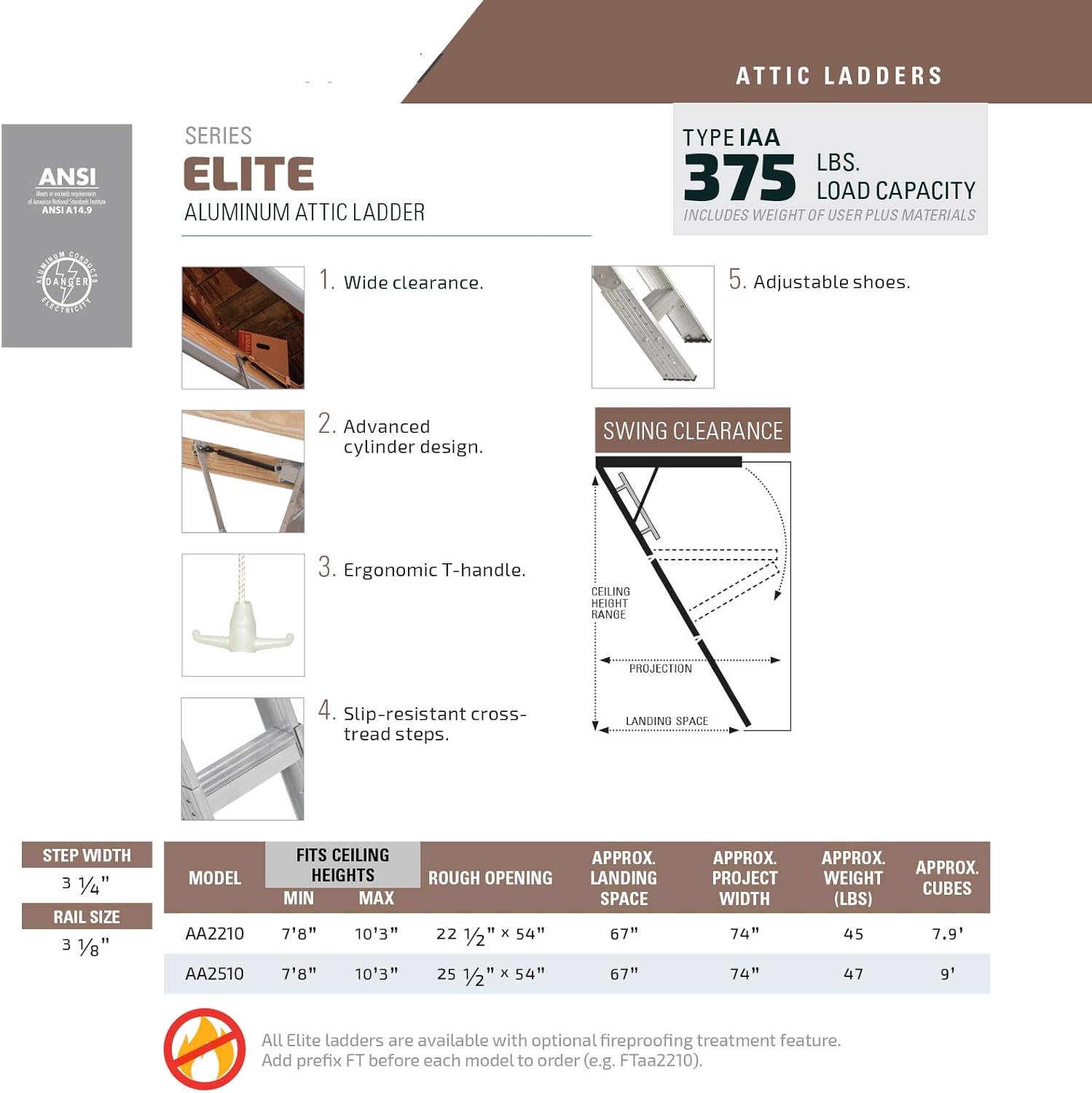 Louisville Ladder AA2210 Elite Aluminum Attic Ladder, 375 Pound Load Capacity, 22-1/2 x 54"