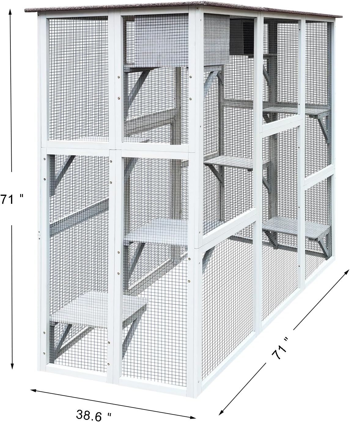 3-Tier Wooden Outdoor & Indoor Cat House Suitable for 1-3 Cats Cat Enclosure Resting Box with 4 Platforms and 2 doors Cat Shelter House with a Jump Box for Hiding and Resting Cat Cage 71"H-Gray