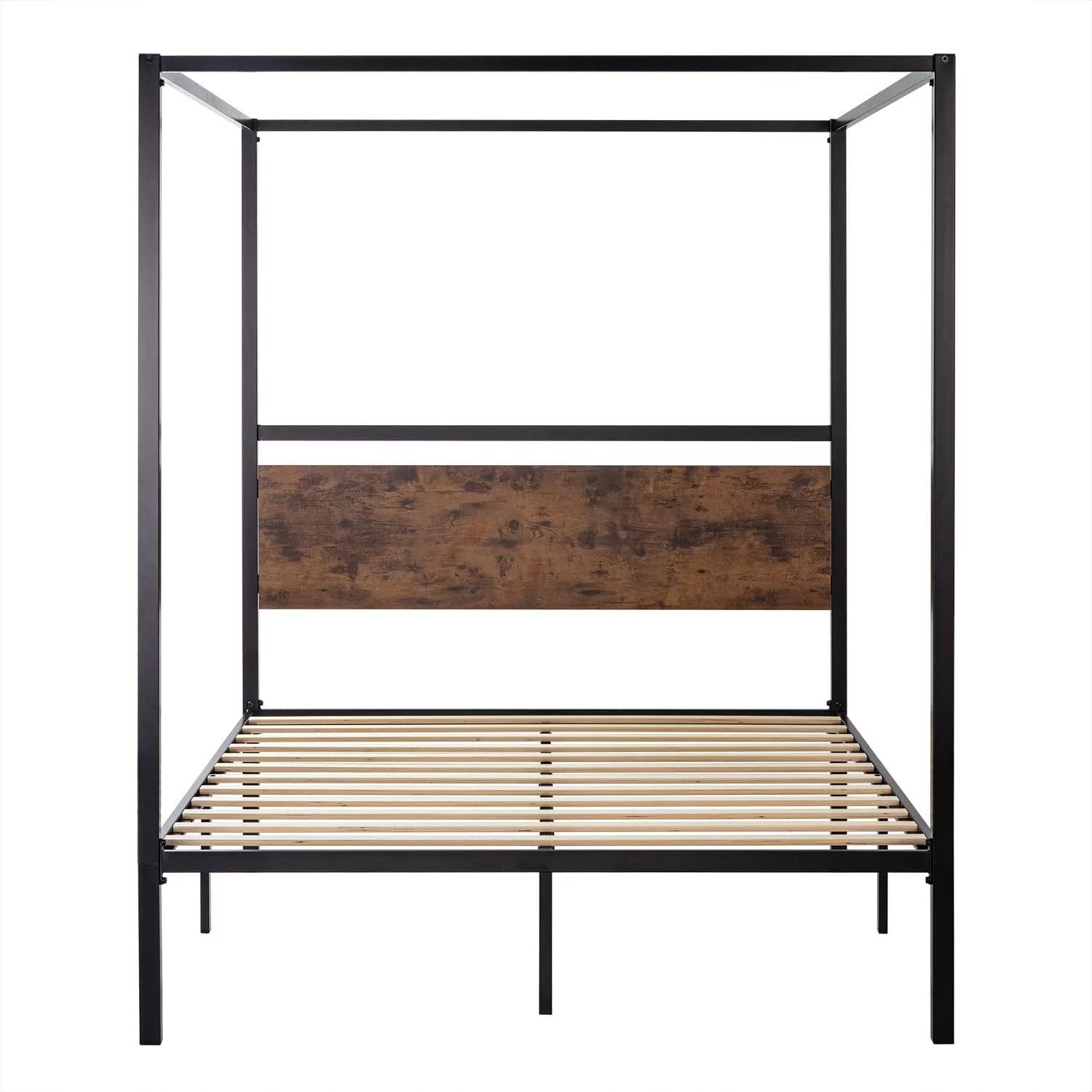 ikalido Queen Size Metal Canopy Bed Frame with Wooden Headboard  Classic Design Canopy Bed with 4 Sturdy Posters  Noise Free/ No Box Spring Needed/ Industrial Brown