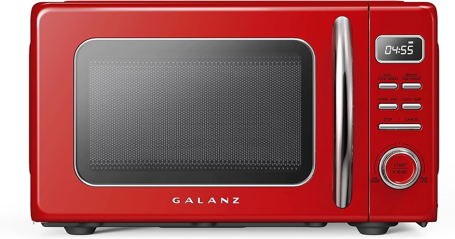 Galanz GLR25MRDR10 Retro Compact Refrigerator, Mini Fridge with Single Doors, Adjustable Mechanical Thermostat with Chiller, Red, 2.5 Cu Ft & GLCMKZ07RDR07 Retro Countertop Microwave Oven