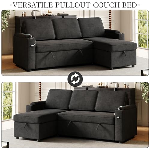 L-Shaped Sofa Couch Bed w/Chaise & Cup Holder, Convertible Sleeper Combo Sofa w/Pull Out Bed & Storage Space, 3 in 1 Fabric Pull Out Couch for Living Room, Dark Grey
