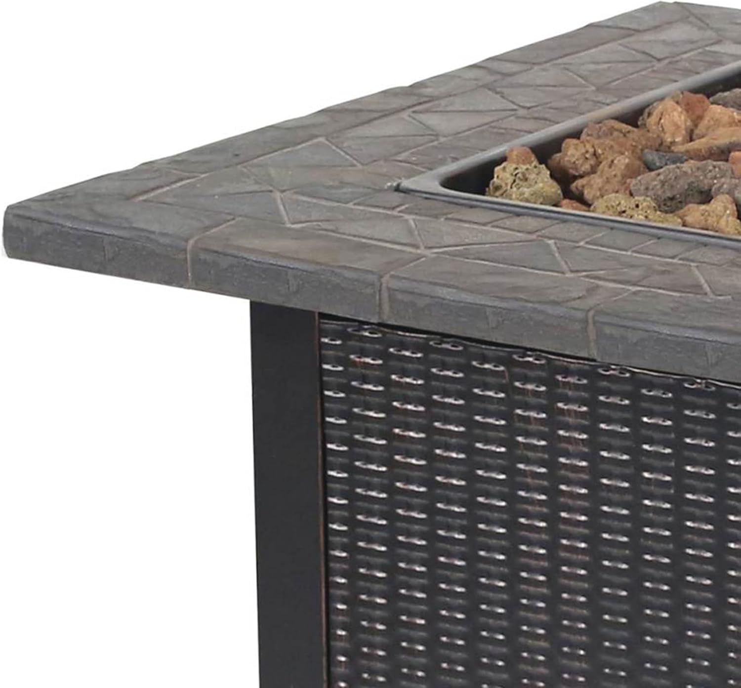 Endless Summer 30 Inch Square 30,000 BTU LP Gas Outdoor Fire Pit Table with Mosaic Resin Mantel, Steel Wicker Design Base, and Lava Rock, Black