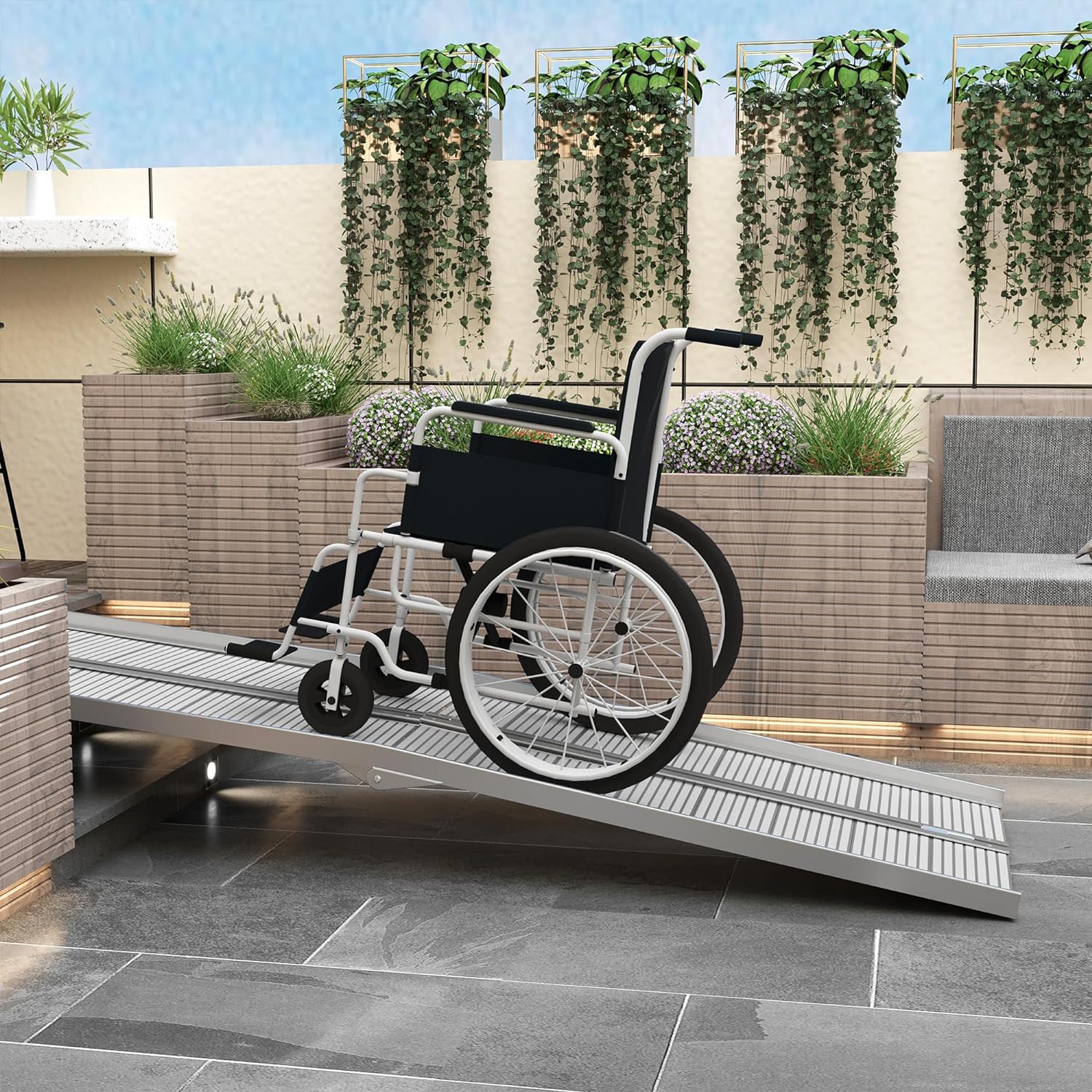 Wheelchair Ramp 8FT, Folding Aluminum Threshold Ramp with Non-Slip Surface, Transition Plates, 600lbs Weight Capacity, Handicap Ramp for Home, Doorways, Curbs, Steps