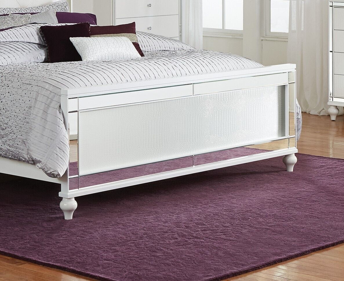 Contemporary White Metallic Finish 4pc Bedroom Set Est-King Bed Nightstand Dresser LED Mirror Headboard