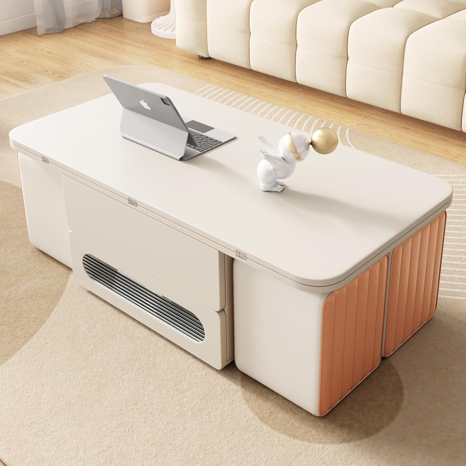 White Lift Top Coffee Table with 4 Stools, Lift Top Coffee Table converts to Dining Table, Two Separate Lift Board, Coffee Table with Storage Drawers for Dining,Studying,Working,Playing