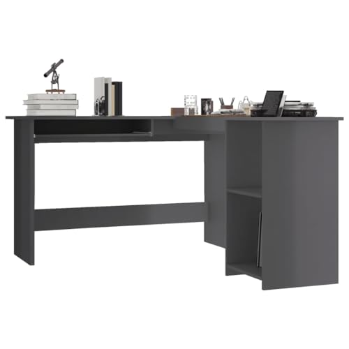 L-Shaped Corner Desk High Gloss Gray 47.2"" x 55.1"" x 29.5"" Engineered Wood,Modern LShaped Corner Office Desk with Sliding Keyboard Tray and Shelves Home Office Furniture, Grey