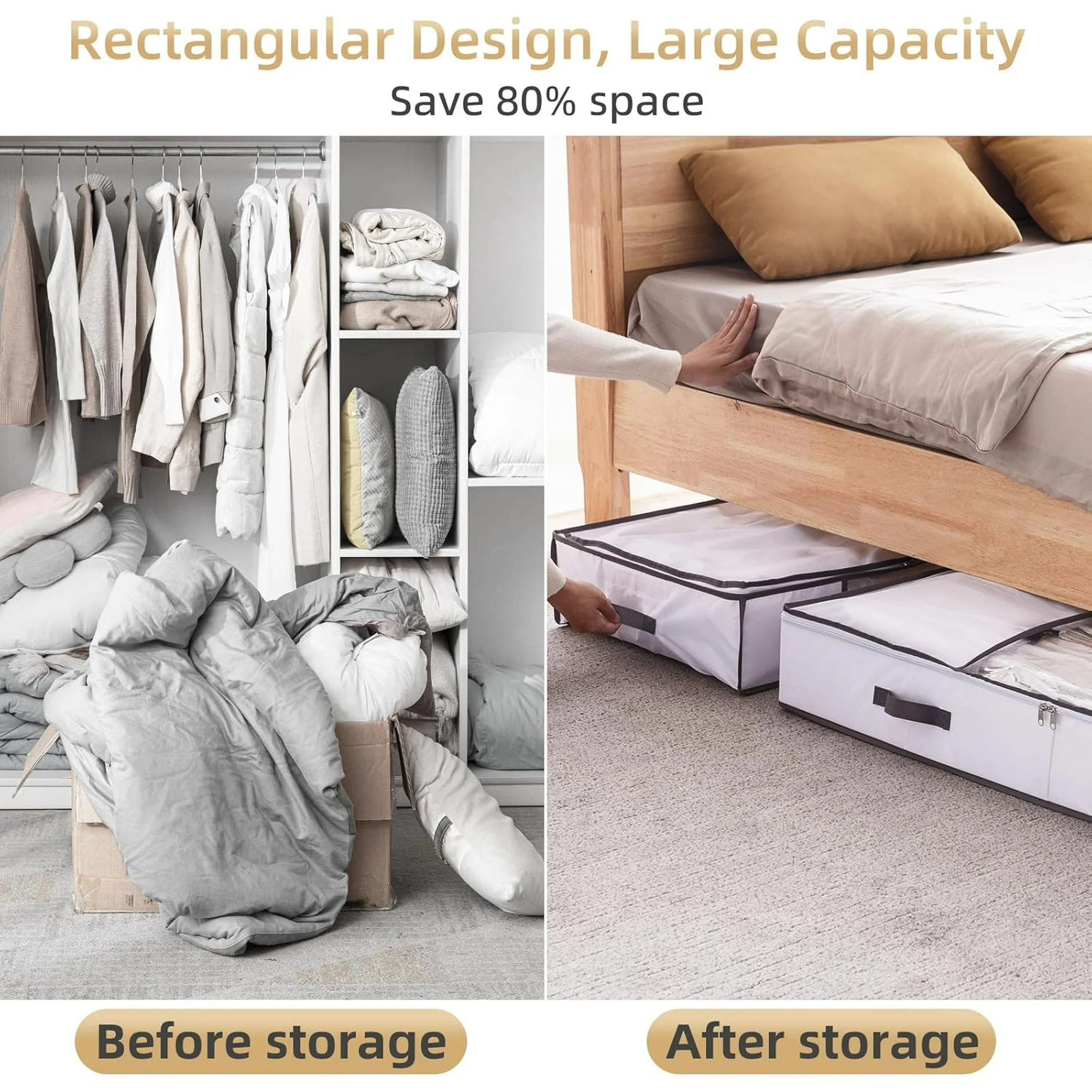 Under Bed Jumbo Vacuum Seal Storage Bags for Comforters and Blankets, Large Capacity White Foldable Box Save 80% Space, 41 x 17.7 x 6