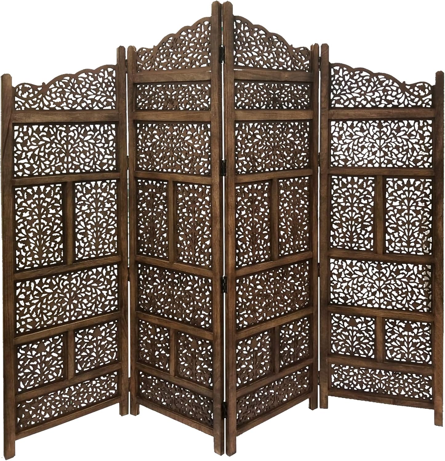 Benjara BM01875 Hand Carved Foldable 4-Panel Wooden Partition Screen/Room Divider, Brown