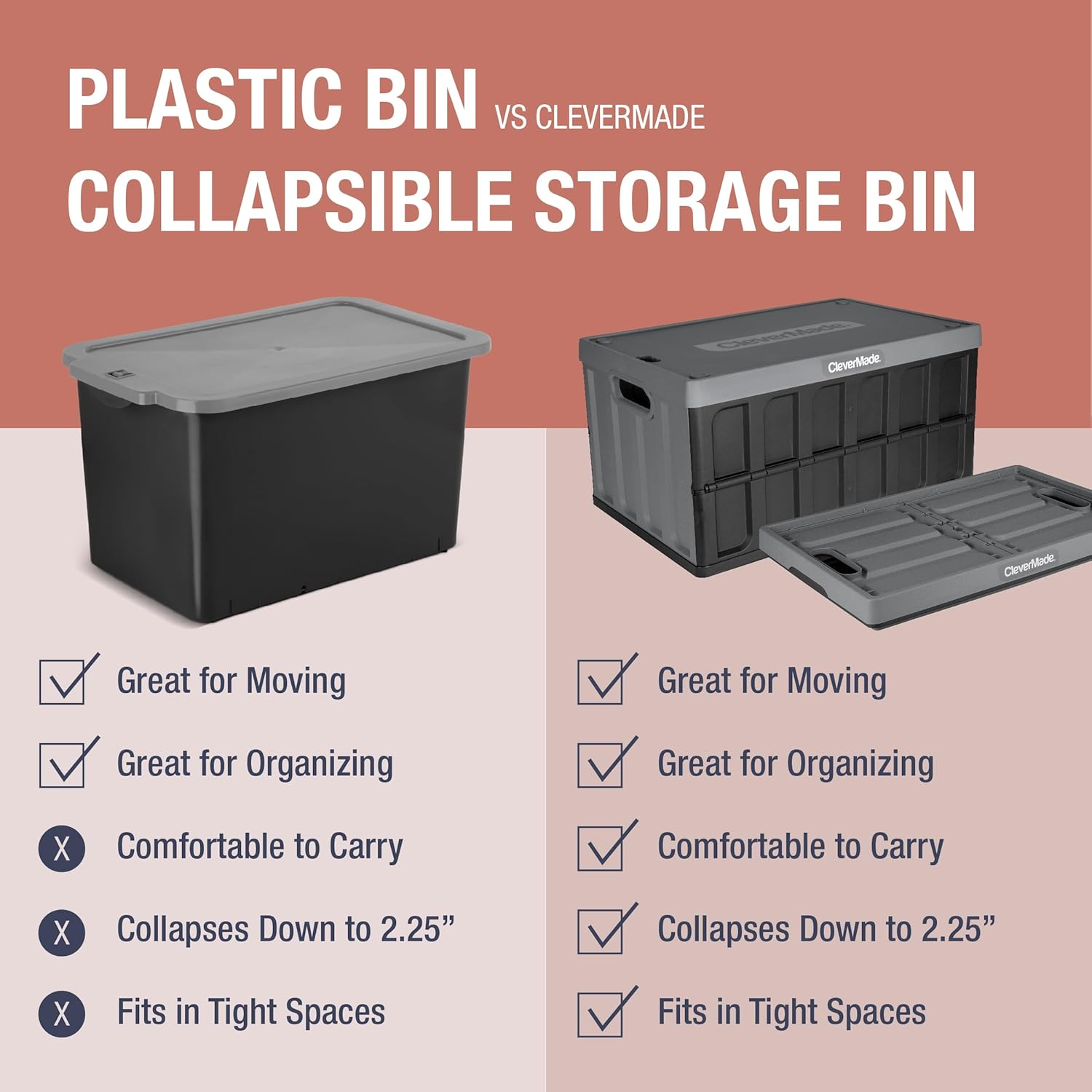 CleverMade Collapsible Storage Bin (With Lid), Tan, 3PK - 62L & Collapsible Shopping Basket, Ocean, 3PK - 24L
