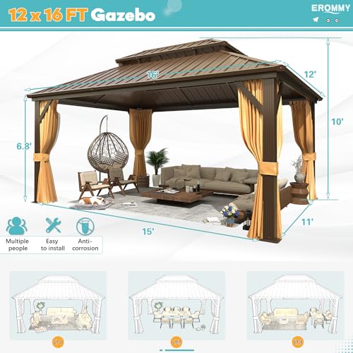 EROMMY 14'x20' Hardtop Gazebo Double Roof Galvanized Steel Canopy Outdoor Aluminum Frame Permanent Metal Pavilion with Netting and Curtains for Patio Backyard Deck and Lawns