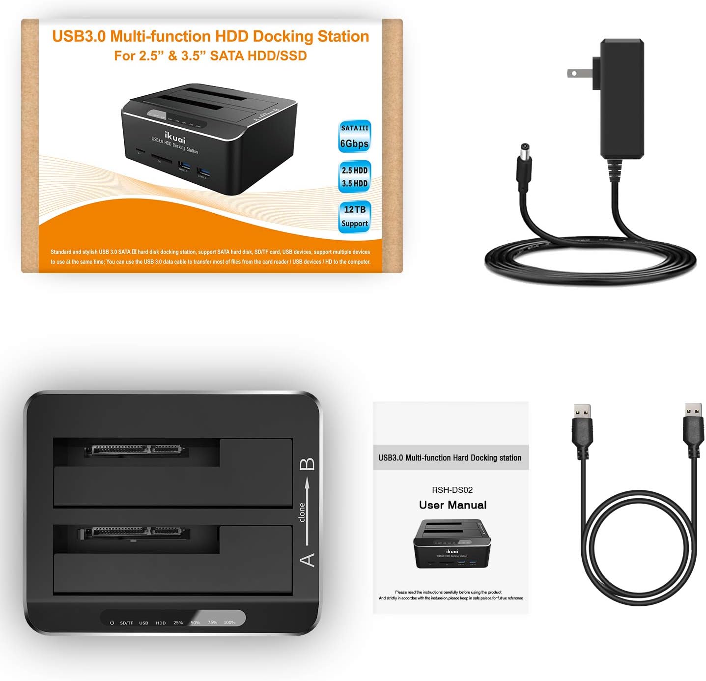 ikuai SATA to USB 3.0 Dual Bay Hard Drive Dock for 2.5 and 3.5 SATA HDD SSD with SD TF Card Reader 2 USB 3.0 Ports and Offline Clone Function External Hard Drive Docking Station (UASP Supported) Pack of 2