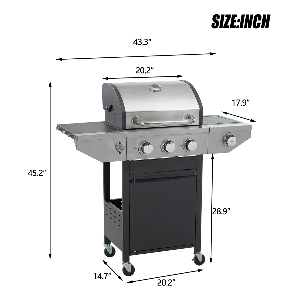 Highsound 3 Burner BBQ Propane Gas Grill with Side Burner, Stainless Steel 37,150 BTU Patio Garden Barbecue Grill with Thermometer, Black