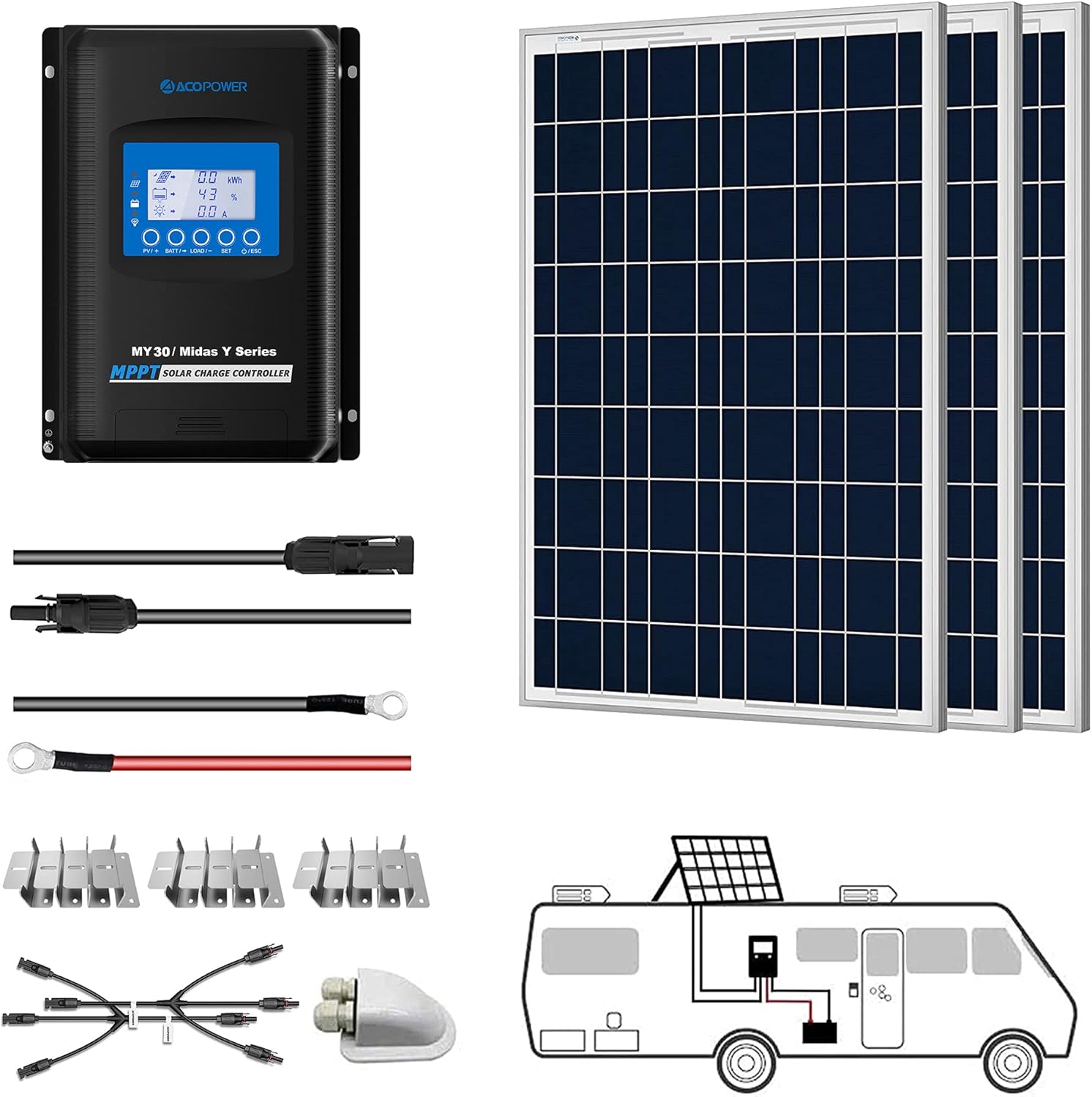ACOPOWER Solar Panel Kit, 800W 12/24V Polycrystalline Off-Grid System for RV Home Marine with 8PCs 100W Rigid Solar Panels/60A MPPT Controller/Z-Brackets/Y Connectors/Solar Cables/Cable Entry Housing