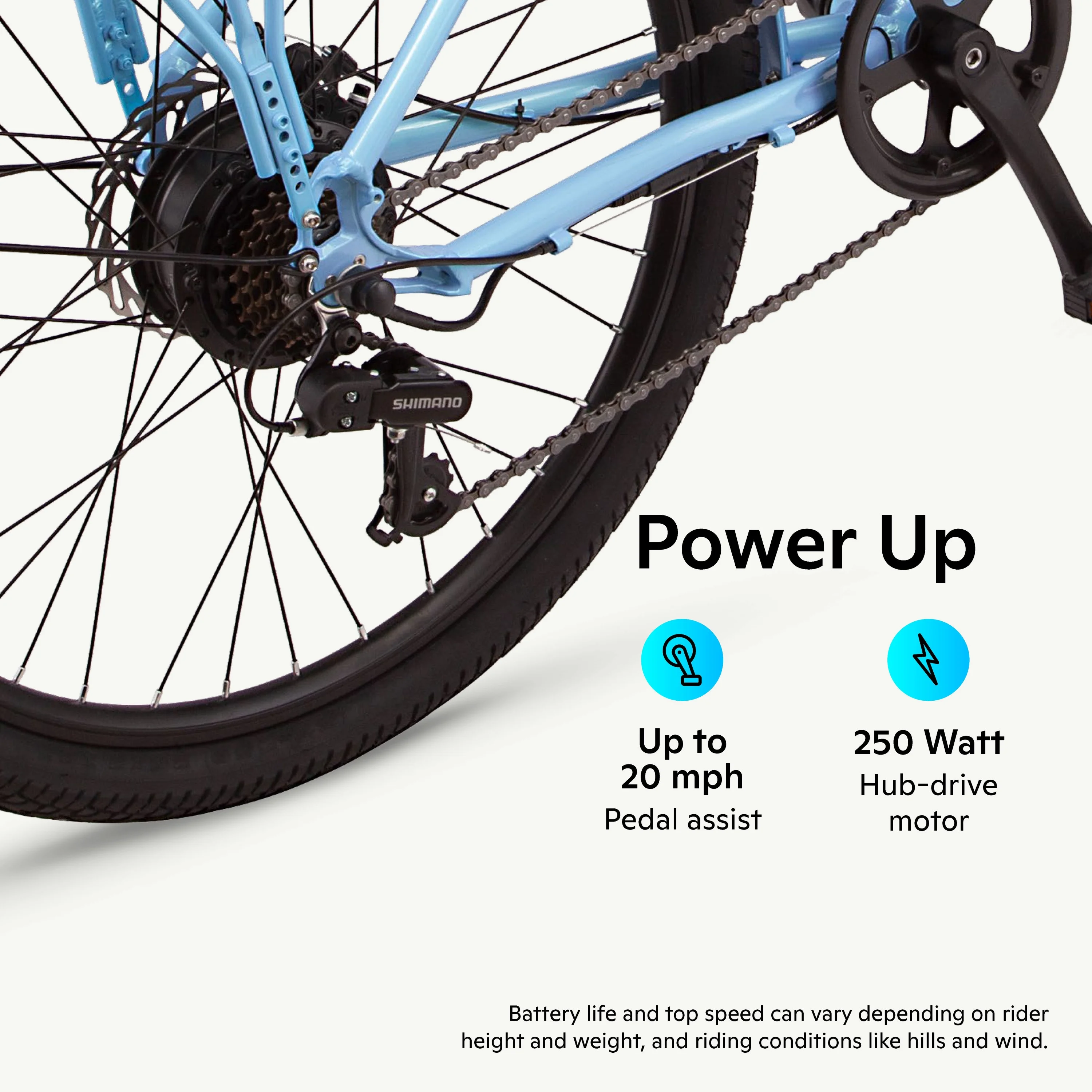 Schwinn 26" EC1 Electric Cruiser Bike for Adults, 7 Speeds, 250w Motor, Blue Ebike