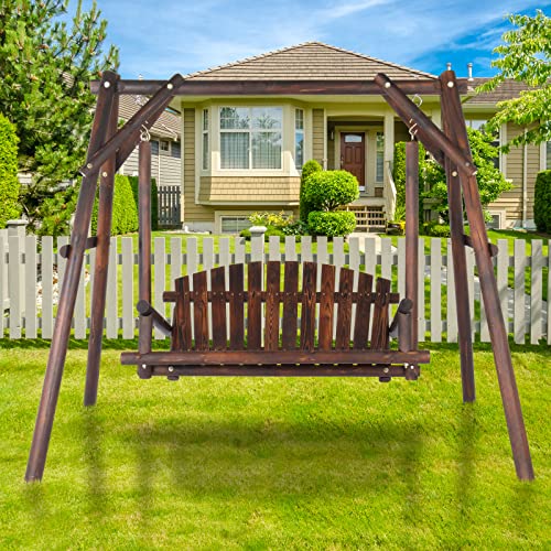6.5' Outdoor Porch Swing Rustic Loveseat Solid Wooden Natural Log Garden Swing (Carbonized)