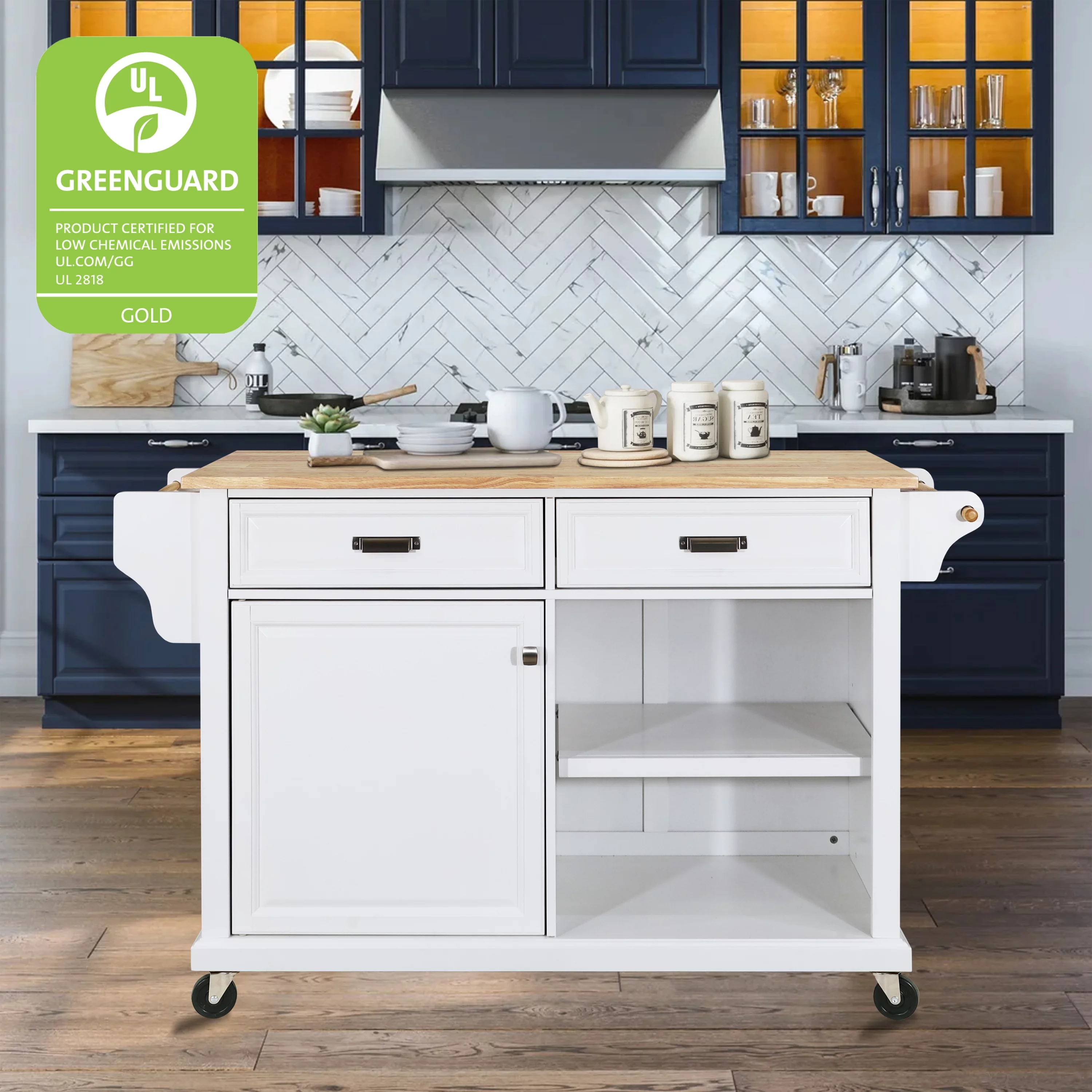 Multi-Functional Storage Island Cart with Rubberwood Countertop and Drop-Leaf, Greenguard Gold Certified, Kitchen Island on Wheels with Large Storage Cabinet,2 Drawers,Spice Rack,Towel Holder, White