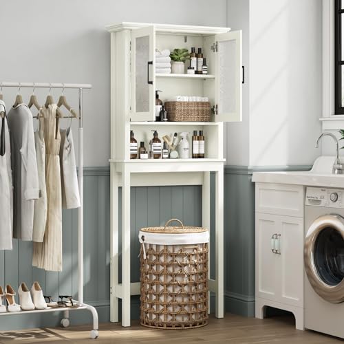 Over The Toilet Storage Cabinet, Over Toilet Bathroom Organizer with Glass Doors and Adjustable Shelf, Thicken Frame above Toilet Storage Cabinet Behind Toilet Bathroom Organizer, Espresso