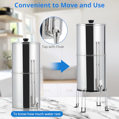 Gravity-fed Water Filter System, 2.25G Stainless Steel Countertop Water Filter System with 2 Black Carbon Filters, Metal Water Level Spigot and Stand, for Home, Camping