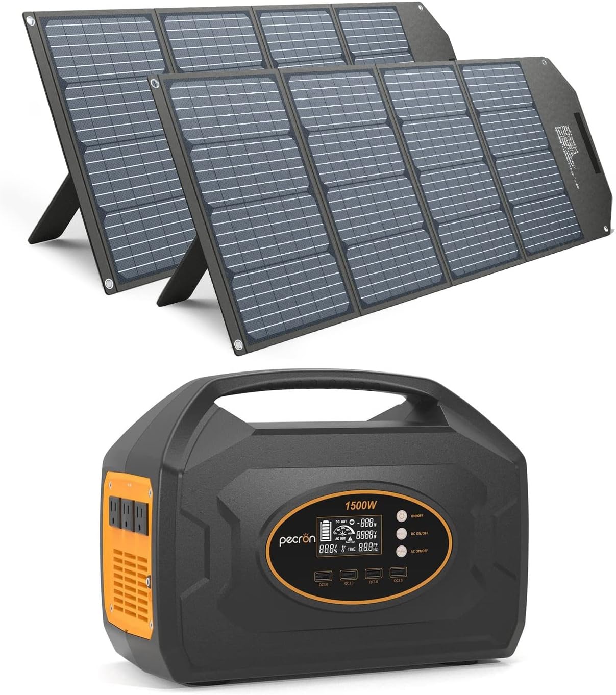 pecron S1500 Solar Generator with Solar Panels included 1500W/1461Wh Portable power station with 2Pcs 200W Foldable Solar Panel 110V Pure Sine Wave AV Outlet Solar Power Generator for Outdoor Camping RV/Van Emergency