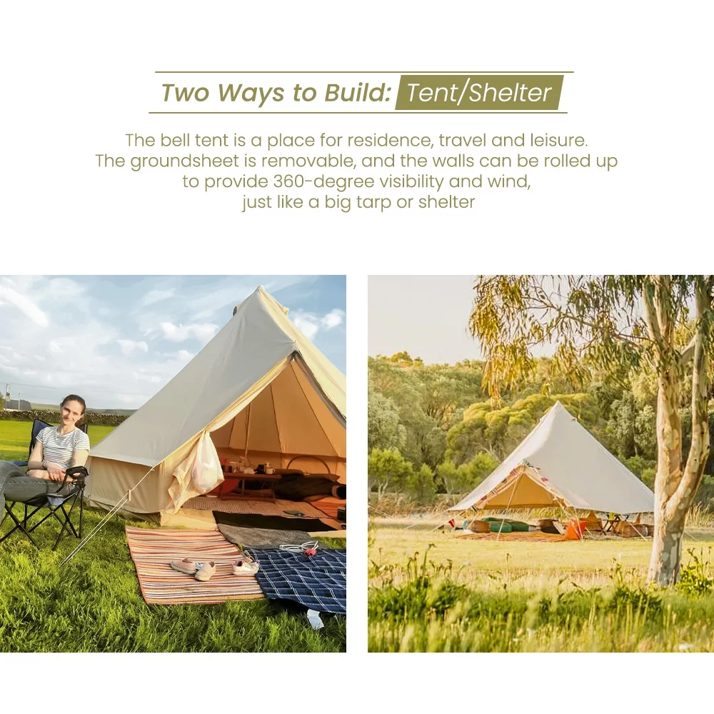 TOMOUNT Canvas Tent Bell Tent Yurt with Stove Jack Zipped Floor for Glamping 10ft/3m Dia 38LBS