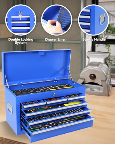 Heavy-Duty 7-Drawer Rolling Tool Chest with Wheels, Steel Tool Storage Cabinet with Lock & Liner for Workshop for Workshop/Garage - Includes 7 Organizer Boxes, Black