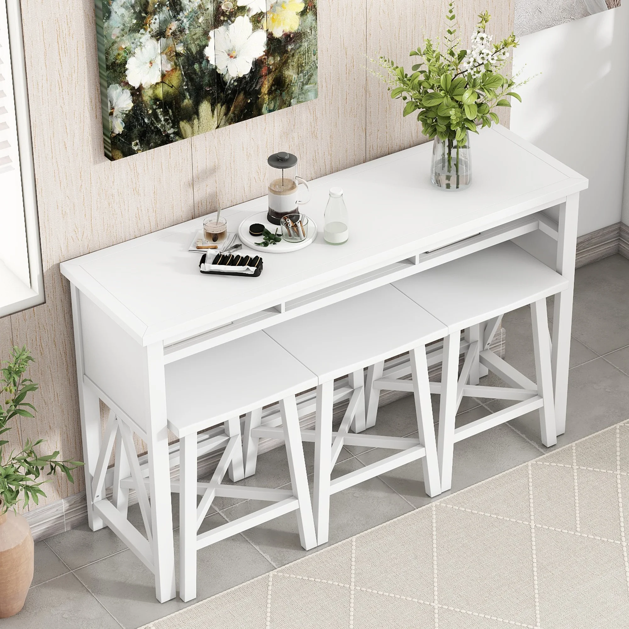 60" Dining Table Set for 3, Farmhouse Counter Height 4-Piece Dining Table Set, Console Kitchen Table Set with 3 Stools for Small Places Home Bar Pub