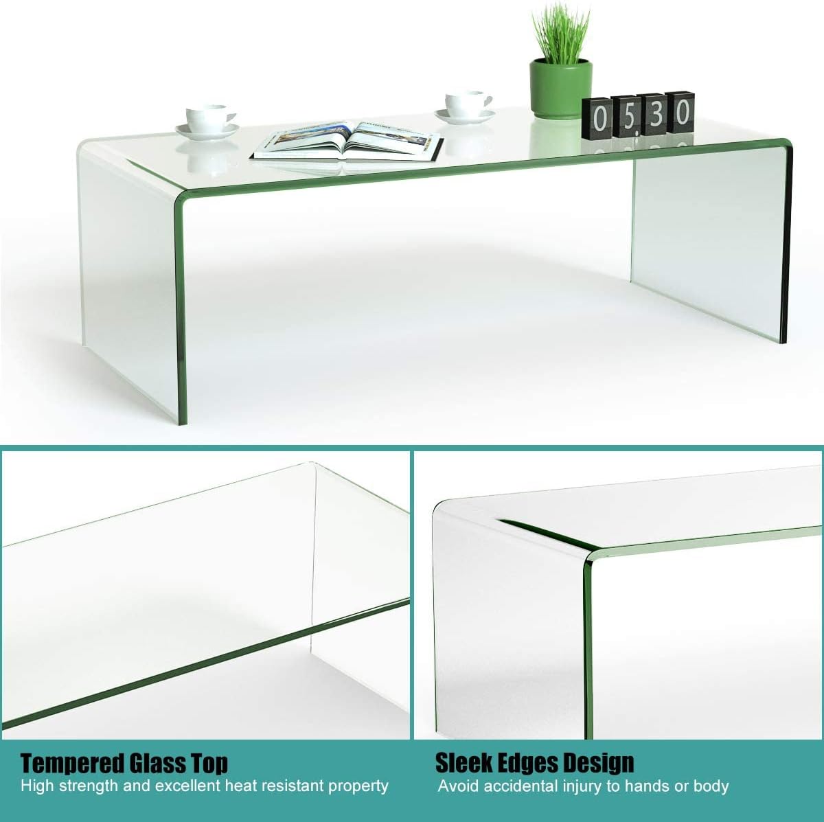Casart Glass Coffee Table, U-Shape Tempered Glass Tea Table with Smooth Round Edges, Simple Minimalist Waterfall End Table for Living Room Office Hotel, No Assembly