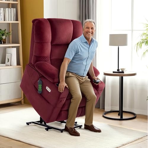 MCombo Large Triple Motor Power Lift Recliner Chair with Massage and Dual Heating, Adjustable Headrest for Tall Elderly People, Fabric 7634 (Grey, Large)