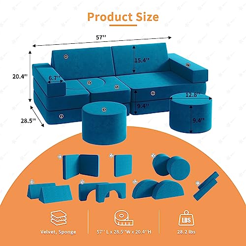 Modular Kids Play Couch13PCS, Modular Couch Kids with 2 ottomans, Fold Out Kids Couch for Playroom Bedroom, Modular Kids Couch for Boys and Girls, Kids Play Couch for Kids (Blueberry, L)