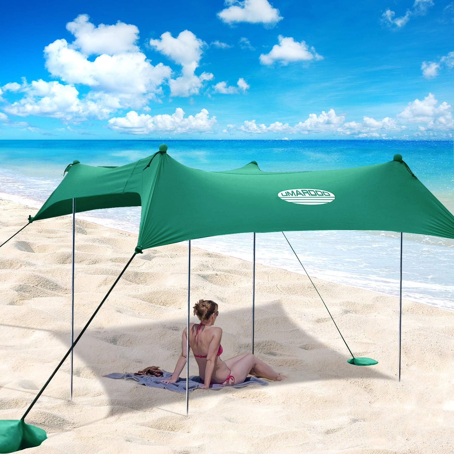 UMARDOO Family Beach Tent with 4 Aluminum Poles, Pop Up Beach Sunshade with Carrying Bag (Blue, 7X7 FT)
