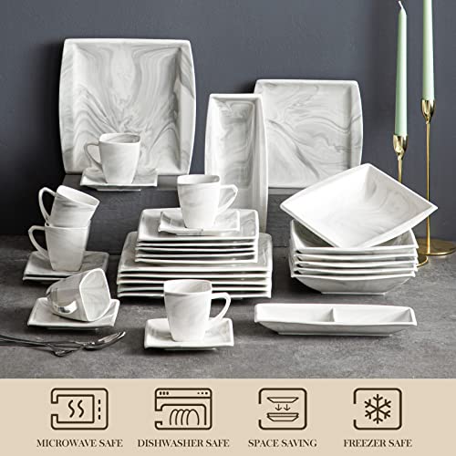 MALACASA Dinnerware Sets, 30 Piece Ivory White Plates and Bowls Sets for 6, Porcelain Square Dinnerware Set with Dinner Plate Set, Soup Bowl, Cup and Saucer, Kitchen Dish Set, Series Elvira