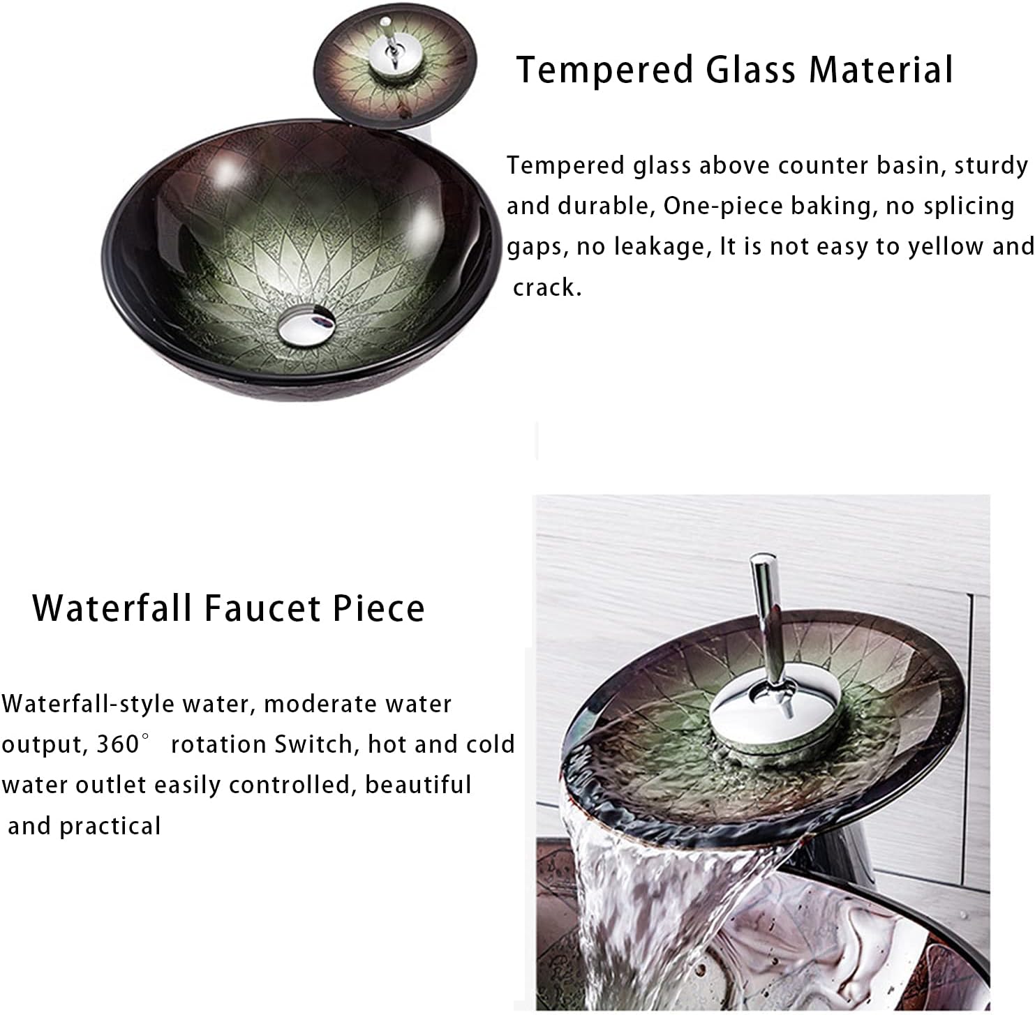 Bathroom Vessel Sink, American Style Tempered Glass Round Vessel Sink with Waterfall Faucet and Pop Up Drain, Counter Top Installation,B