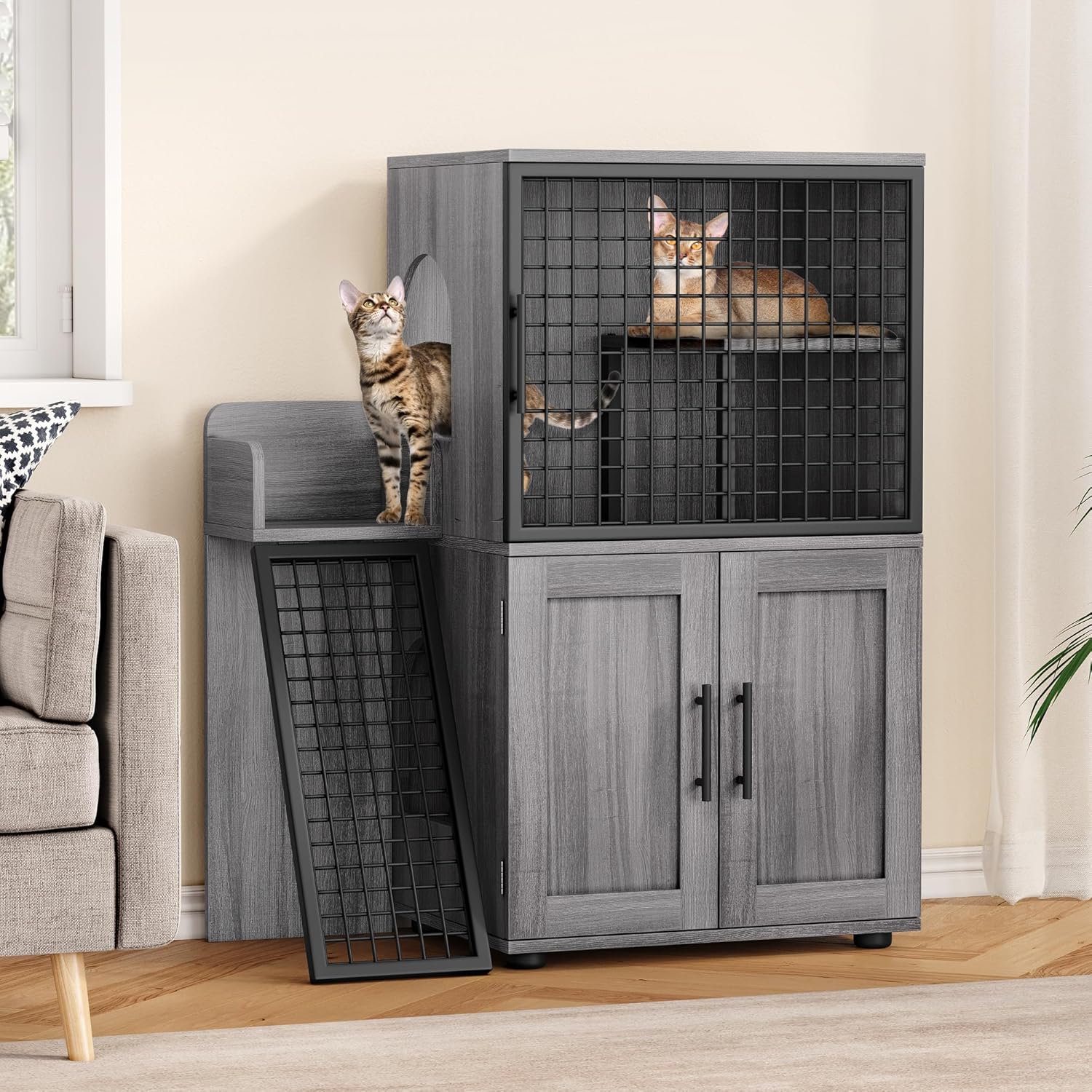 Towallmark Modern Villa Cat Litter Box Enclosure with Platform,Double Layer Cat Litter Hidden Furniture, Large Cat Cabinet with Ladder, Cat Washroom Indoor Cat House, Wax Wood