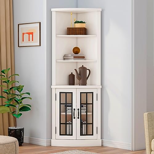 AMERLIFE Curved Corner Storage Cabinet, 65" Tall Freestanding Bookcase with Glass Doors & Adjustable Shelves, 5-Tier Corner Display Cabinet for Living Room, Bathroom, Laundry Room, Washed Grey