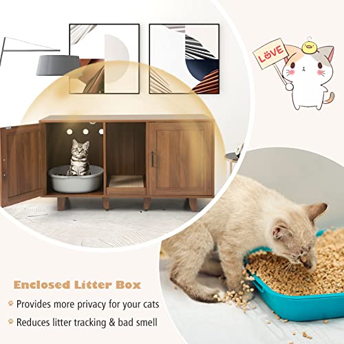 Tangkula Double Cat Litter Box Enclosure for 2 Cats, Large Stackable Hidden Privacy Cat Washroom Cabinet with Scratching Board, Indoor Cat House TV Stand, Litter Box Furniture (Grey Oak)