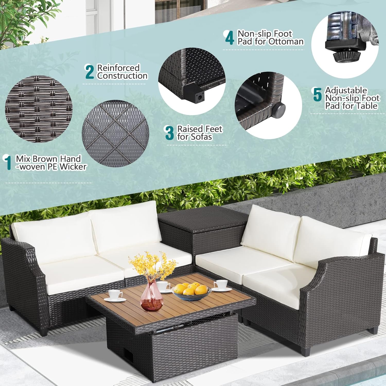 COSTWAY 7pcs Patio Outdoor PE Wicker Cushioned Furniture Conversation Set Sectional Sofa