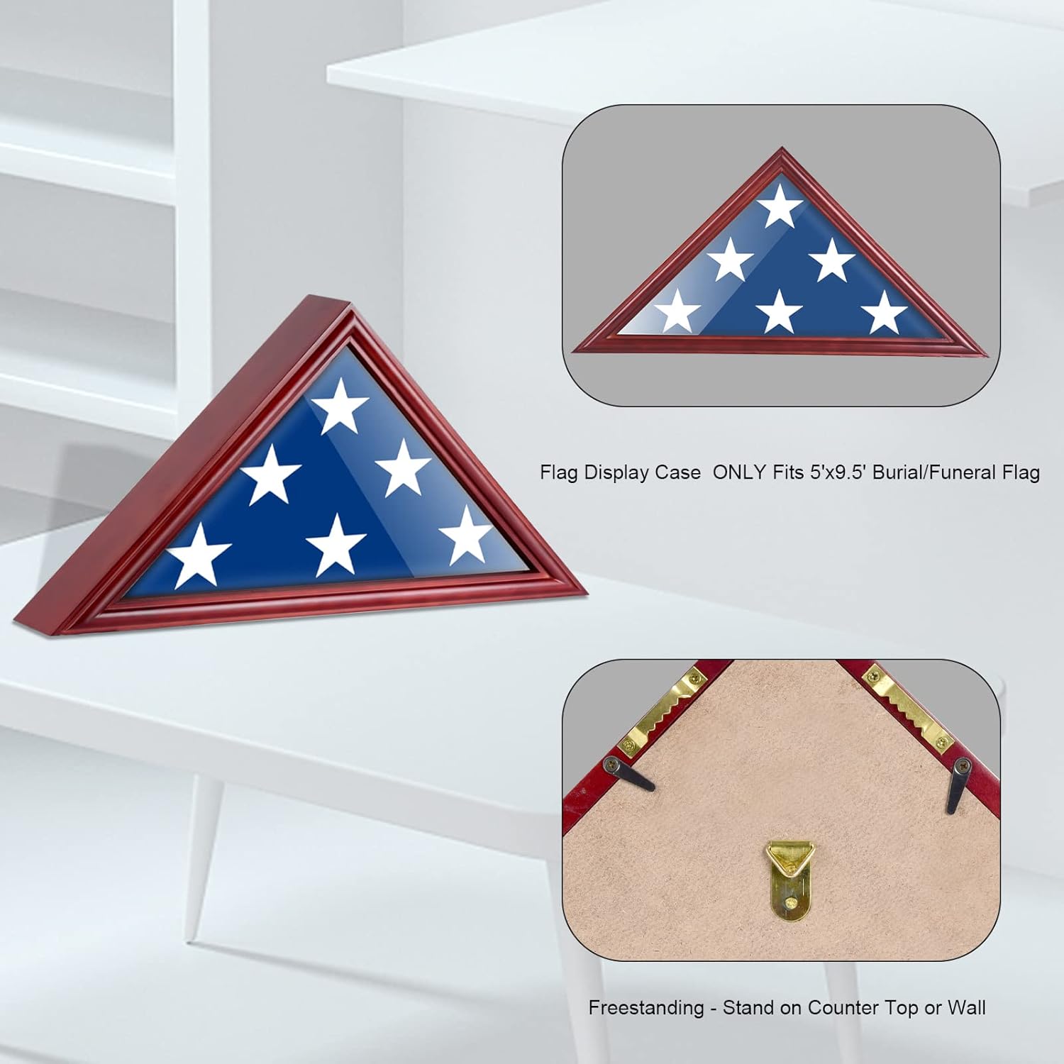 Flag Case for American Veteran Burial Flag 5x9.5 Ft, Flag Box Display Case Shadow Box for Military Funeral Memorial Flag, Solid Wood Mahogany Finish, Glass Front