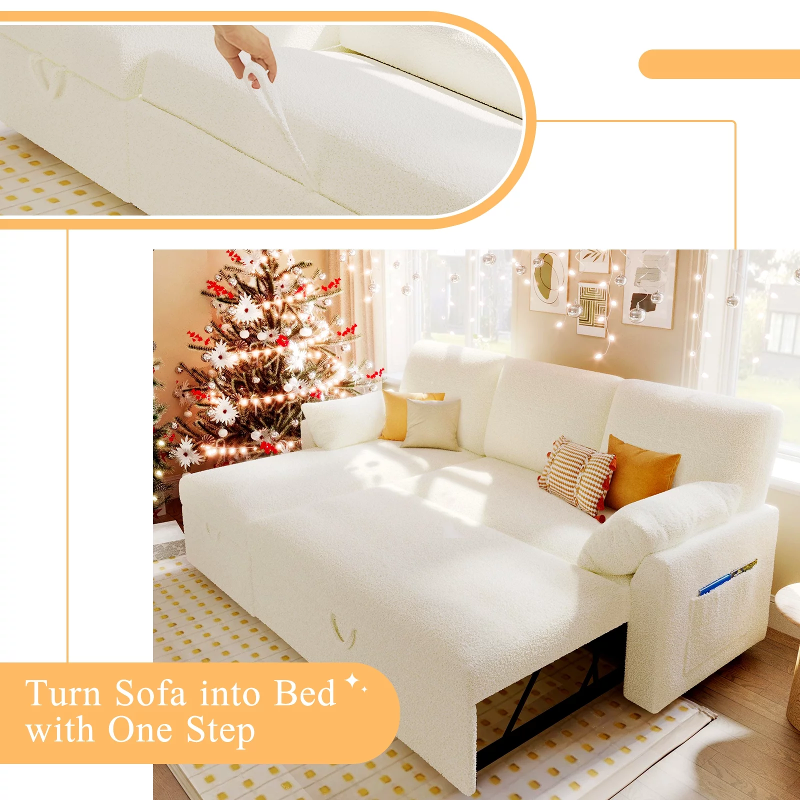 PaPaJet Sofa Bed, 2 in 1 Pull Out Couch with Storage Chaise for Living Room Office, White Sherpa
