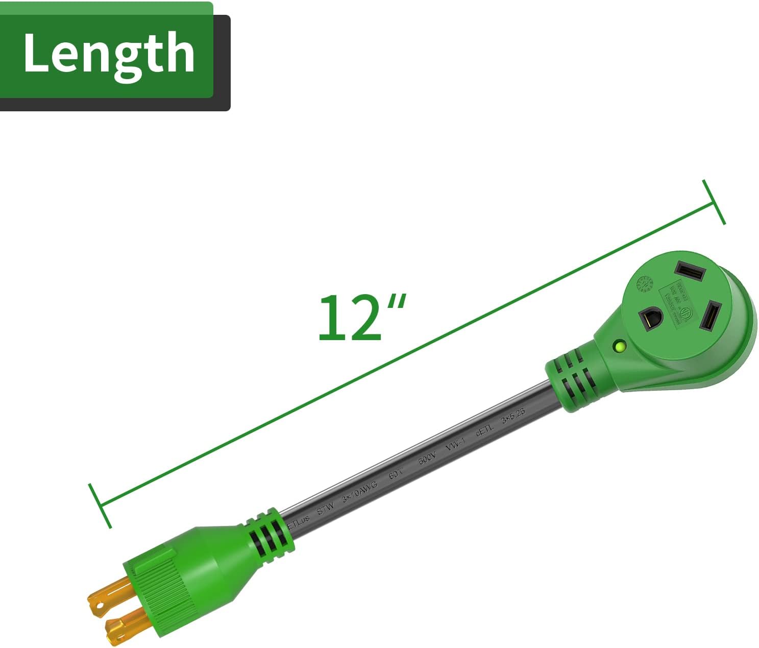 RVGUARD 4 Prong 30 Amp to 30 Amp RV Generator Adapter Cord 12 Inch, STW 10/3, L14-30P Locking Male Plug to TT-30R Female with LED Power Indicator, Green
